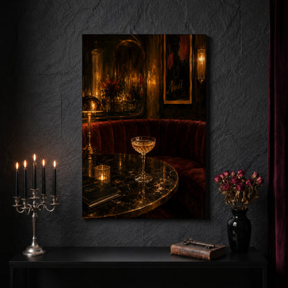 Nuit canvas on a dark slate stone wall above a black console table, with a five-arm silver candelabra of lit black tapers, an antique iron key resting on a worn leather book, and a black vase of dried roses beside a burgundy velvet curtain.