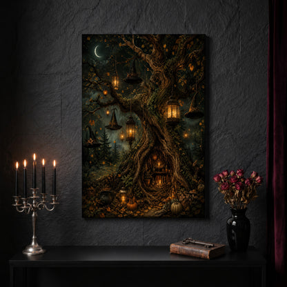 Ember Hollow woodland canvas on a dark slate stone wall above a black console table, with a five-arm silver candelabra of lit black tapers, an antique iron key resting on a worn leather book, and a black vase of dried roses beside a burgundy velvet curtain.