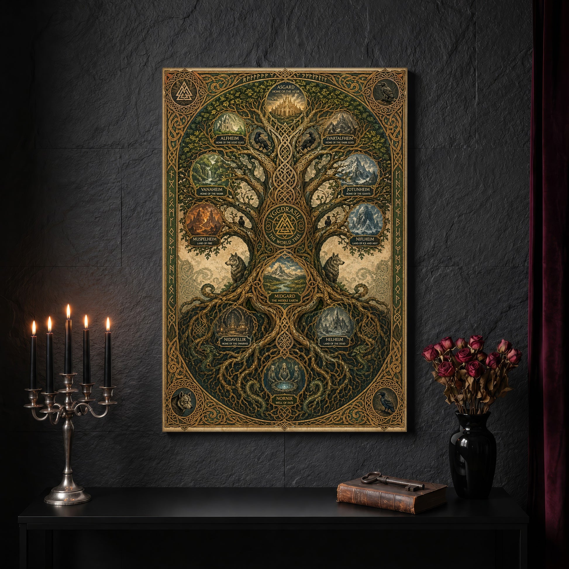 The Nine Realms parchment canvas on a dark slate stone wall above a black console table, with a five-arm silver candelabra of lit black tapers, an antique iron key resting on a worn leather book, and a black vase of dried roses beside a burgundy velvet curtain.