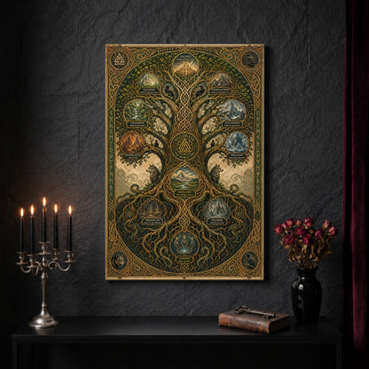 The Nine Realms parchment canvas on a dark slate stone wall above a black console table, with a five-arm silver candelabra of lit black tapers, an antique iron key resting on a worn leather book, and a black vase of dried roses beside a burgundy velvet curtain.