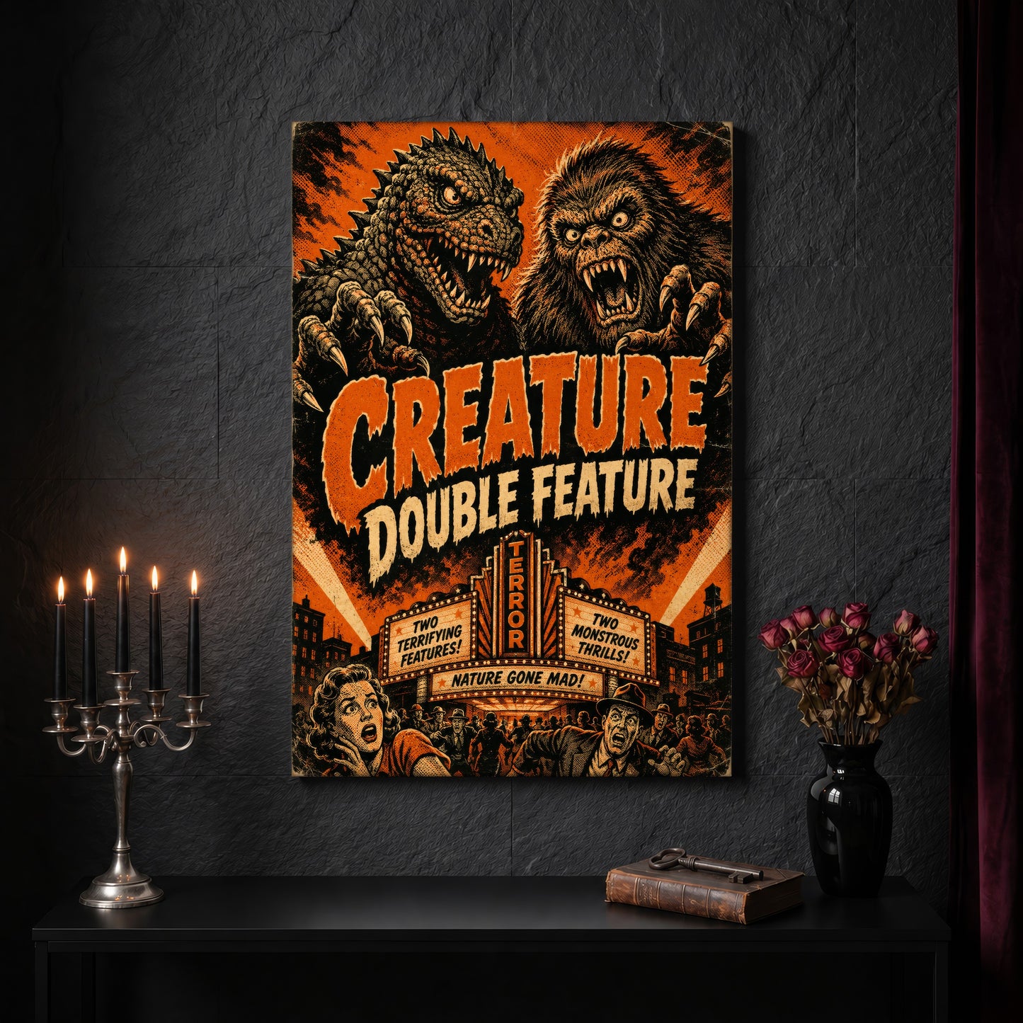 Marquee Mayhem B-movie canvas on a dark slate stone wall above a black console table, with a five-arm silver candelabra of lit black tapers, an antique iron key resting on a worn leather book, and a black vase of dried roses beside a burgundy velvet curtain.