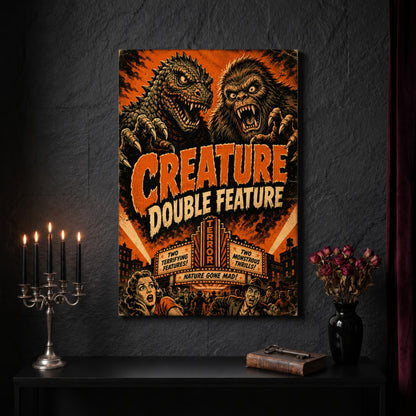 Marquee Mayhem B-movie canvas on a dark slate stone wall above a black console table, with a five-arm silver candelabra of lit black tapers, an antique iron key resting on a worn leather book, and a black vase of dried roses beside a burgundy velvet curtain.