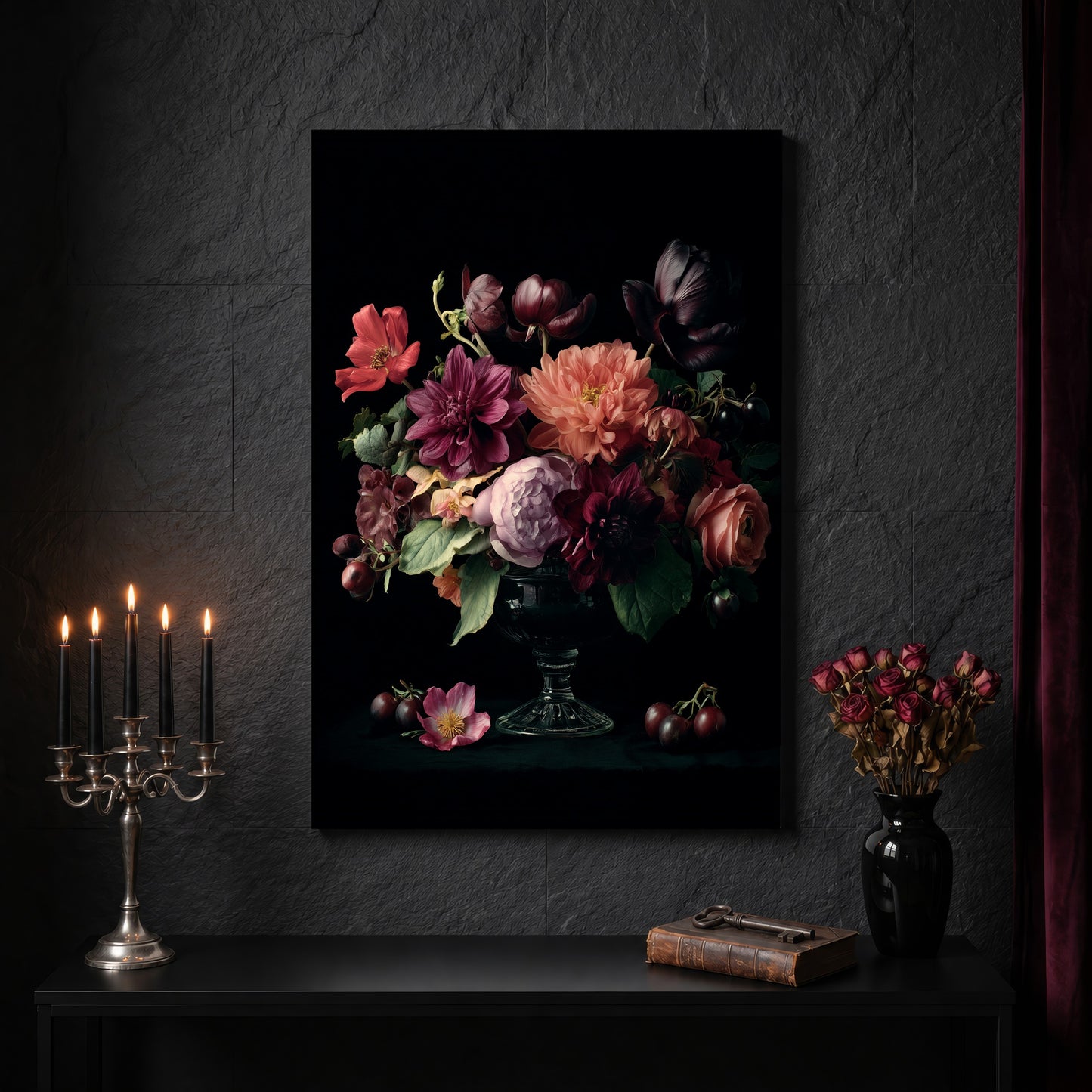 Tazza bouquet canvas on a dark slate stone wall above a black console table, with a five-arm silver candelabra of lit black tapers, an antique iron key resting on a worn leather book, and a black vase of dried roses beside a burgundy velvet curtain.