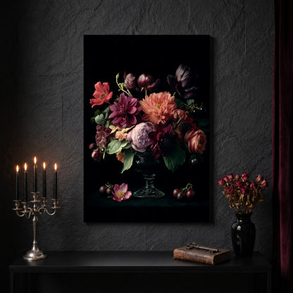 Tazza bouquet canvas on a dark slate stone wall above a black console table, with a five-arm silver candelabra of lit black tapers, an antique iron key resting on a worn leather book, and a black vase of dried roses beside a burgundy velvet curtain.