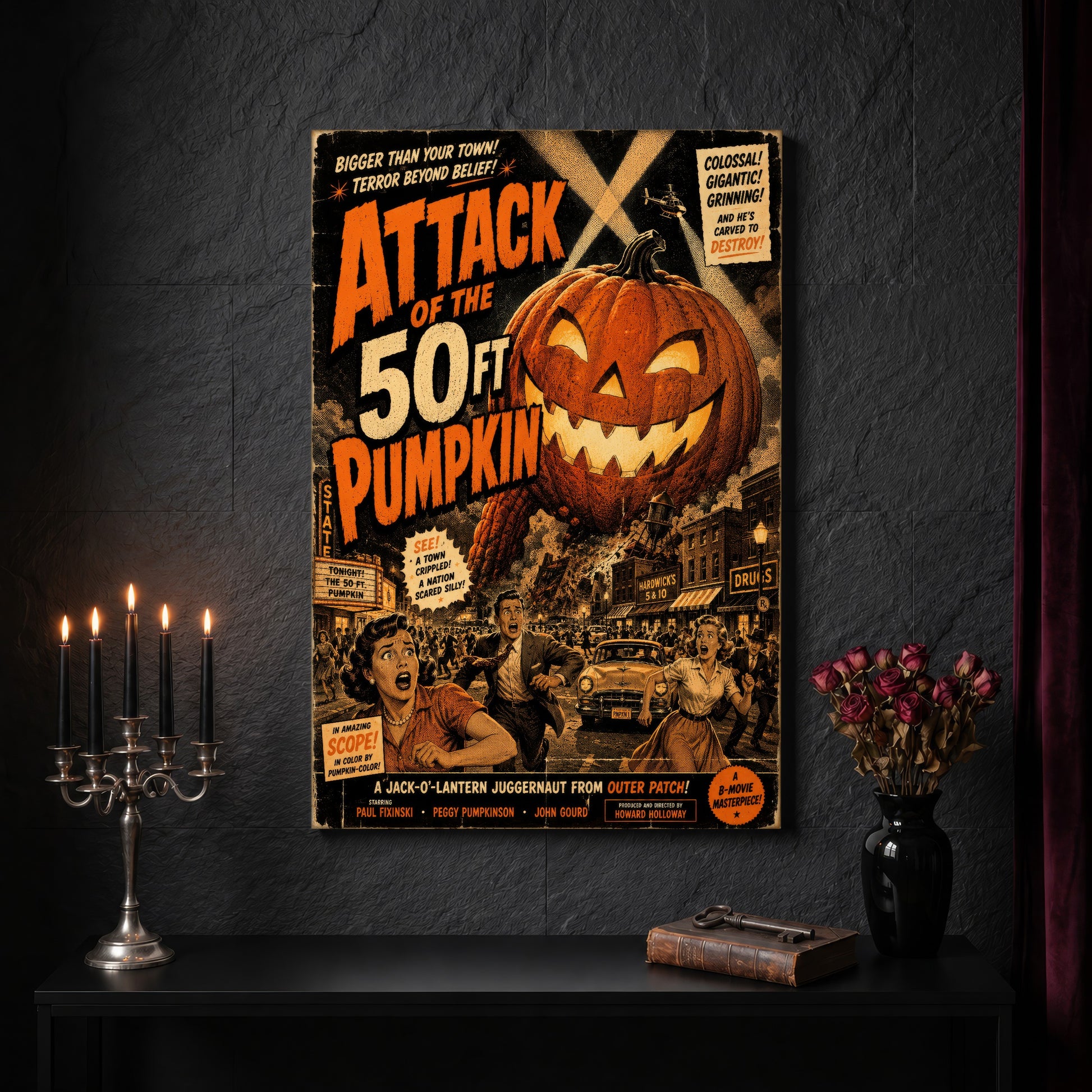 The Pumpkin That Ate Main Street canvas on a dark slate stone wall above a black console table, with a five-arm silver candelabra of lit black tapers, an antique iron key resting on a worn leather book, and a black vase of dried roses beside a burgundy velvet curtain.