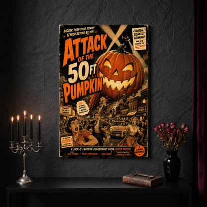 The Pumpkin That Ate Main Street canvas on a dark slate stone wall above a black console table, with a five-arm silver candelabra of lit black tapers, an antique iron key resting on a worn leather book, and a black vase of dried roses beside a burgundy velvet curtain.