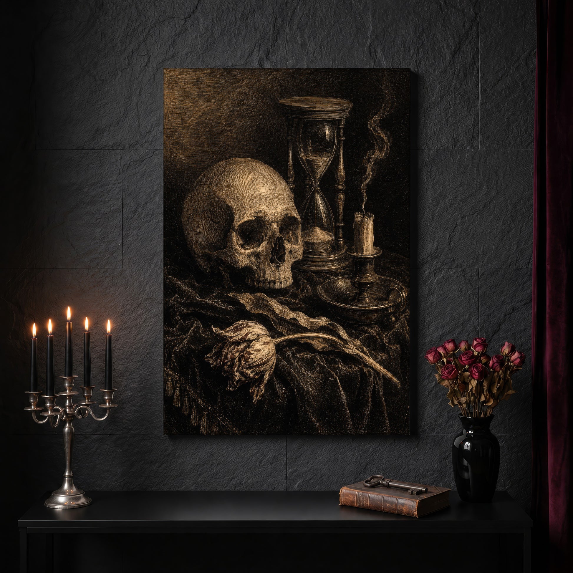 Compline canvas on a dark slate stone wall above a black console table, with a five-arm silver candelabra of lit black tapers, an antique iron key resting on a worn leather book, and a black vase of dried roses beside a burgundy velvet curtain.