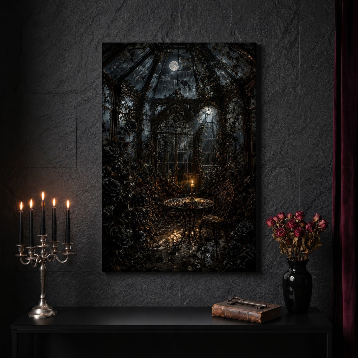 The Winter Garden glasshouse canvas on a dark slate stone wall above a black console table, with a five-arm silver candelabra of lit black tapers, an antique iron key resting on a worn leather book, and a black vase of dried roses beside a burgundy velvet curtain.
