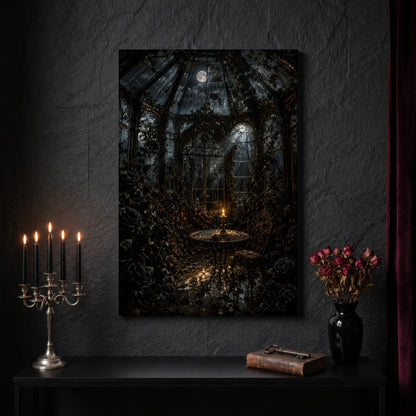 The Winter Garden glasshouse canvas on a dark slate stone wall above a black console table, with a five-arm silver candelabra of lit black tapers, an antique iron key resting on a worn leather book, and a black vase of dried roses beside a burgundy velvet curtain.
