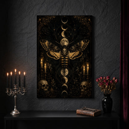 Acherontia canvas on a dark slate stone wall above a black console table, with a five-arm silver candelabra of lit black tapers, an antique iron key resting on a worn leather book, and a black vase of dried roses beside a burgundy velvet curtain.