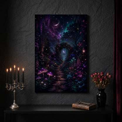 The Midnight Garden canvas on a dark slate stone wall above a black console table, with a five-arm silver candelabra of lit black tapers, an antique iron key resting on a worn leather book, and a black vase of dried roses beside a burgundy velvet curtain.