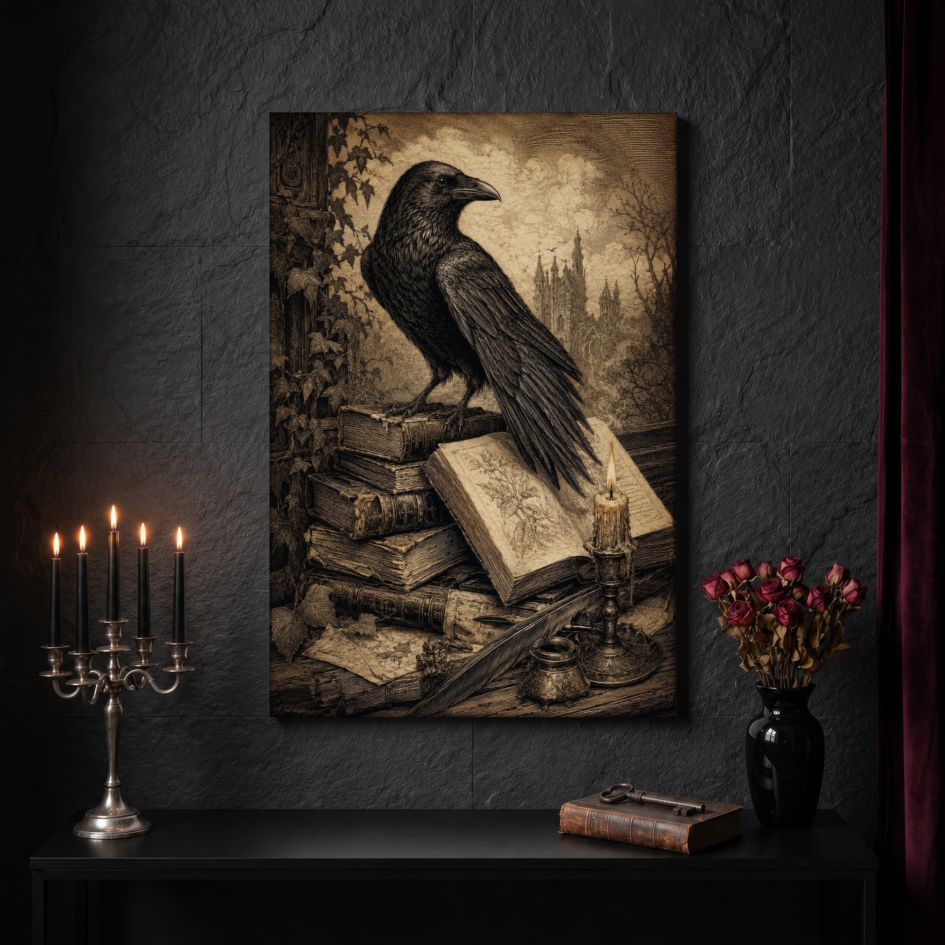 Muninn's Vigil canvas on a dark slate stone wall above a black console table, with a five-arm silver candelabra of lit black tapers, an antique iron key resting on a worn leather book, and a black vase of dried roses beside a burgundy velvet curtain.
