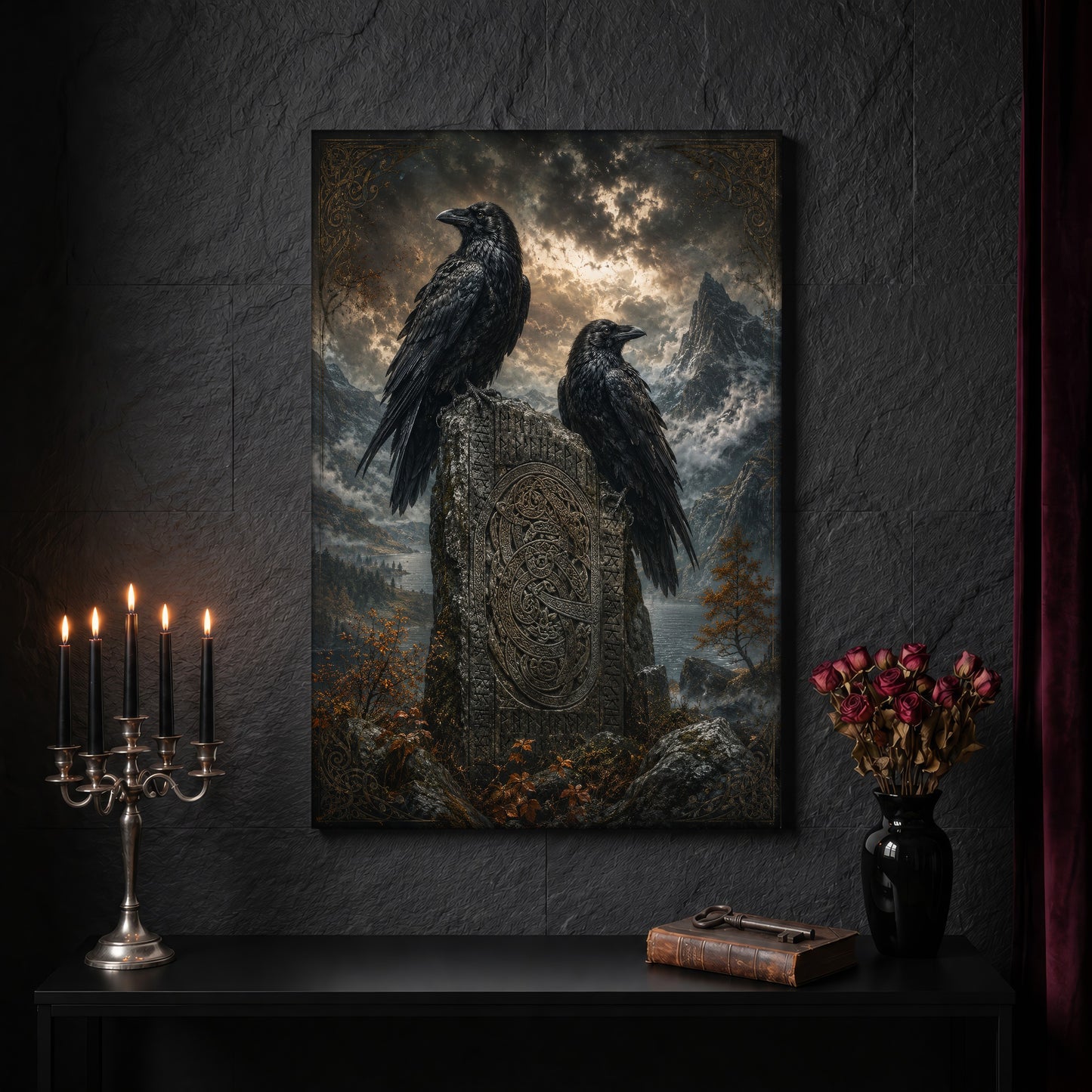 The Watchstone canvas on a dark slate stone wall above a black console table, with a five-arm silver candelabra of lit black tapers, an antique iron key resting on a worn leather book, and a black vase of dried roses beside a burgundy velvet curtain.