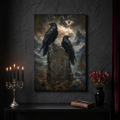 The Watchstone canvas on a dark slate stone wall above a black console table, with a five-arm silver candelabra of lit black tapers, an antique iron key resting on a worn leather book, and a black vase of dried roses beside a burgundy velvet curtain.