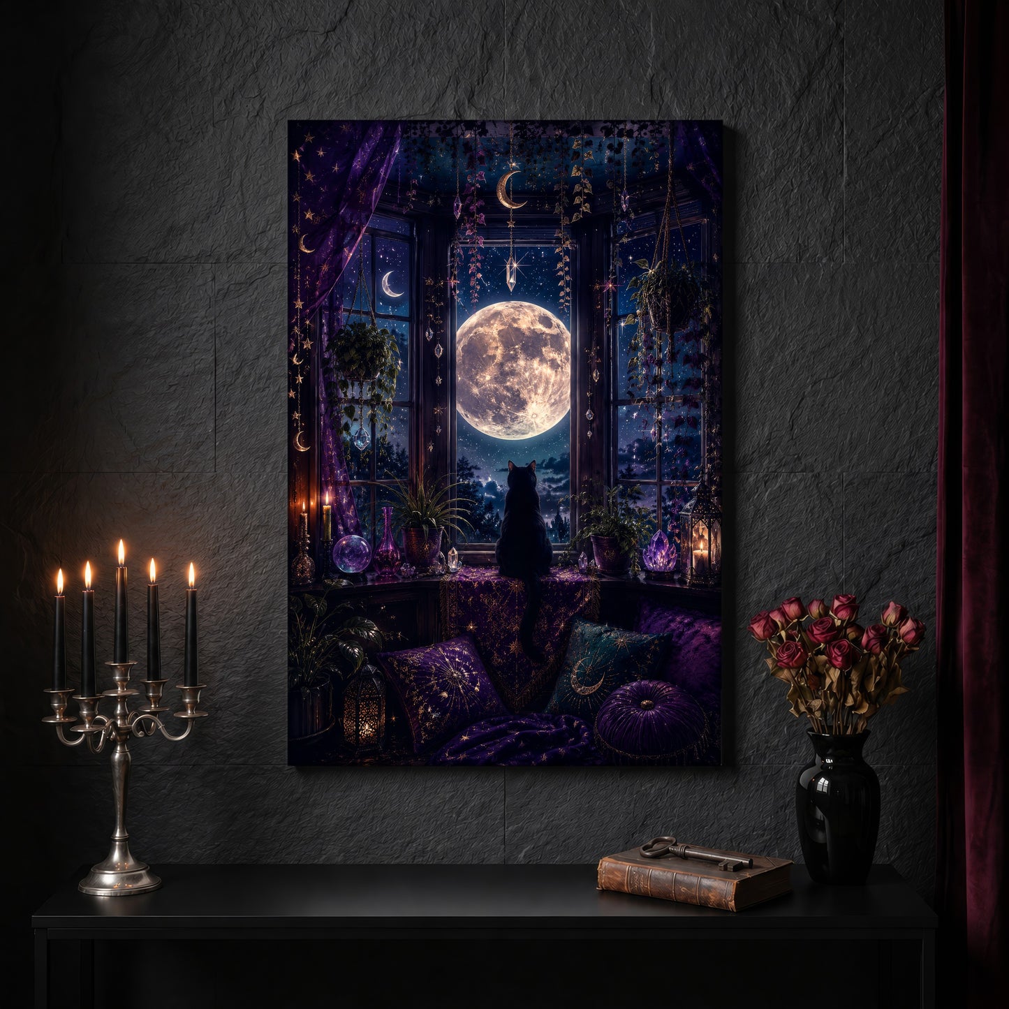 Witch's Window canvas on a dark slate stone wall above a black console table, with a five-arm silver candelabra of lit black tapers, an antique iron key resting on a worn leather book, and a black vase of dried roses beside a burgundy velvet curtain.