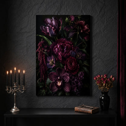 Umbra floral canvas on a dark slate stone wall above a black console table, with a five-arm silver candelabra of lit black tapers, an antique iron key resting on a worn leather book, and a black vase of dried roses beside a burgundy velvet curtain.