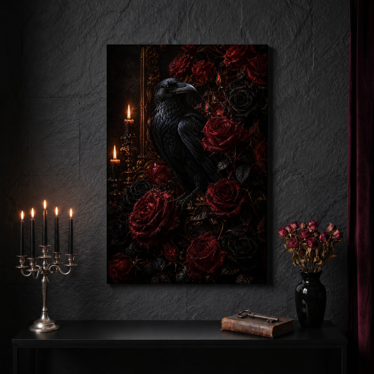 Lenore gothic romance canvas on a dark slate stone wall above a black console table, with a five-arm silver candelabra of lit black tapers, an antique iron key resting on a worn leather book, and a black vase of dried roses beside a burgundy velvet curtain.
