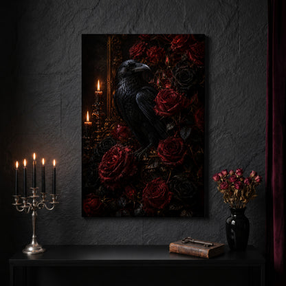 Lenore gothic romance canvas on a dark slate stone wall above a black console table, with a five-arm silver candelabra of lit black tapers, an antique iron key resting on a worn leather book, and a black vase of dried roses beside a burgundy velvet curtain.