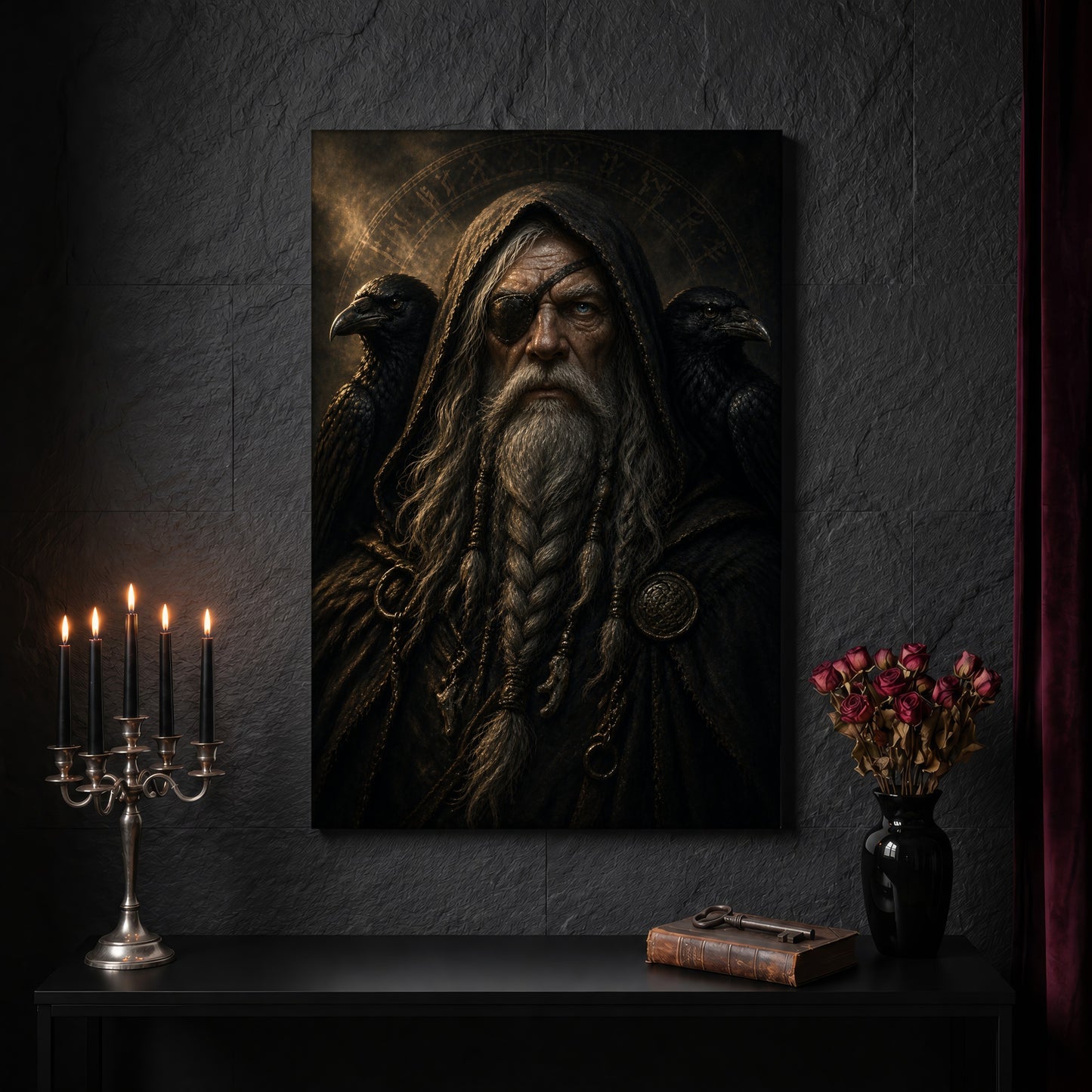 The Allfather canvas on a dark slate stone wall above a black console table, with a five-arm silver candelabra of lit black tapers, an antique iron key resting on a worn leather book, and a black vase of dried roses beside a burgundy velvet curtain.
