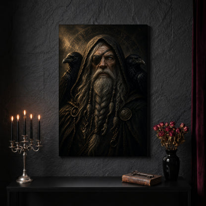 The Allfather canvas on a dark slate stone wall above a black console table, with a five-arm silver candelabra of lit black tapers, an antique iron key resting on a worn leather book, and a black vase of dried roses beside a burgundy velvet curtain.
