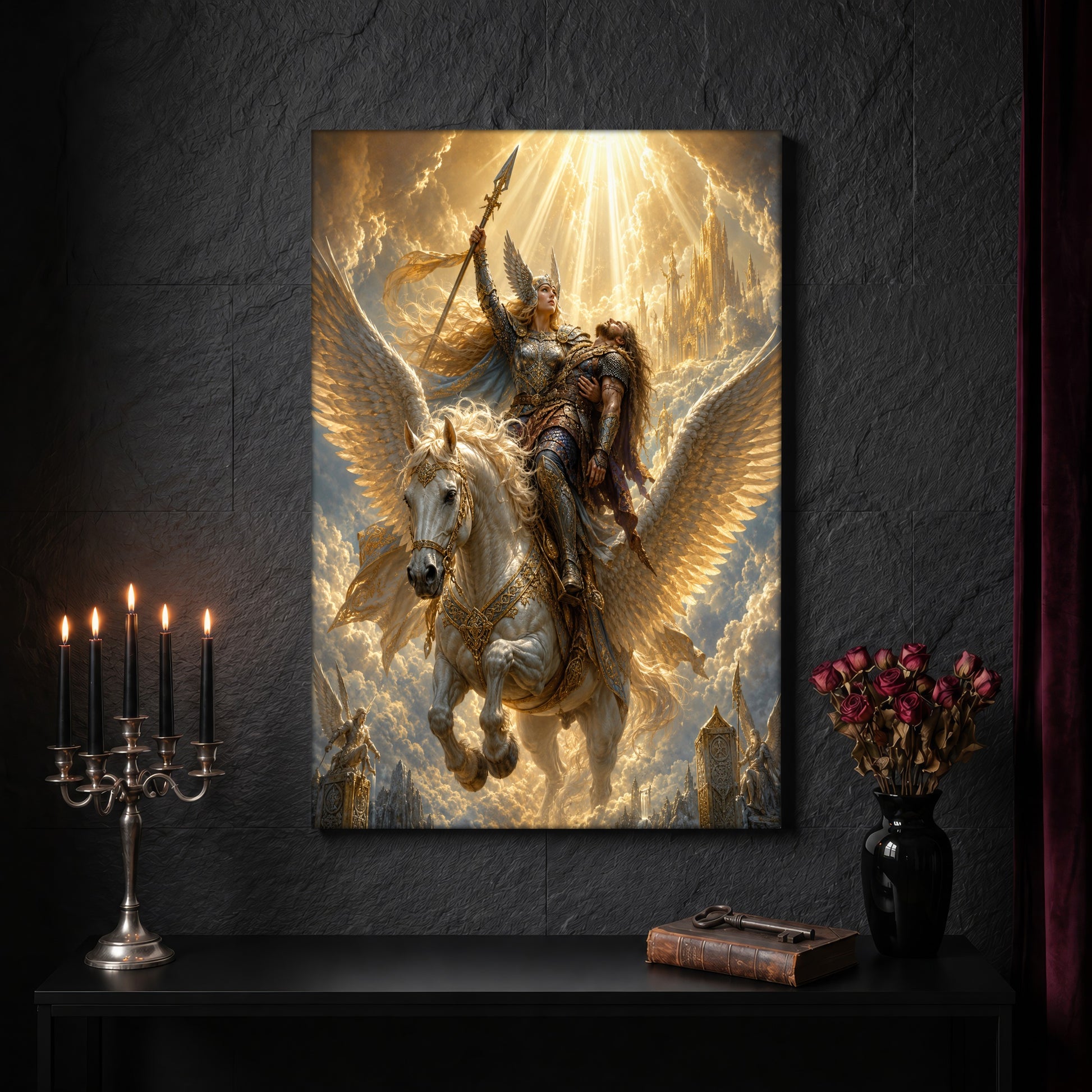Valkyrie canvas on a dark slate stone wall above a black console table, with a five-arm silver candelabra of lit black tapers, an antique iron key resting on a worn leather book, and a black vase of dried roses beside a burgundy velvet curtain.