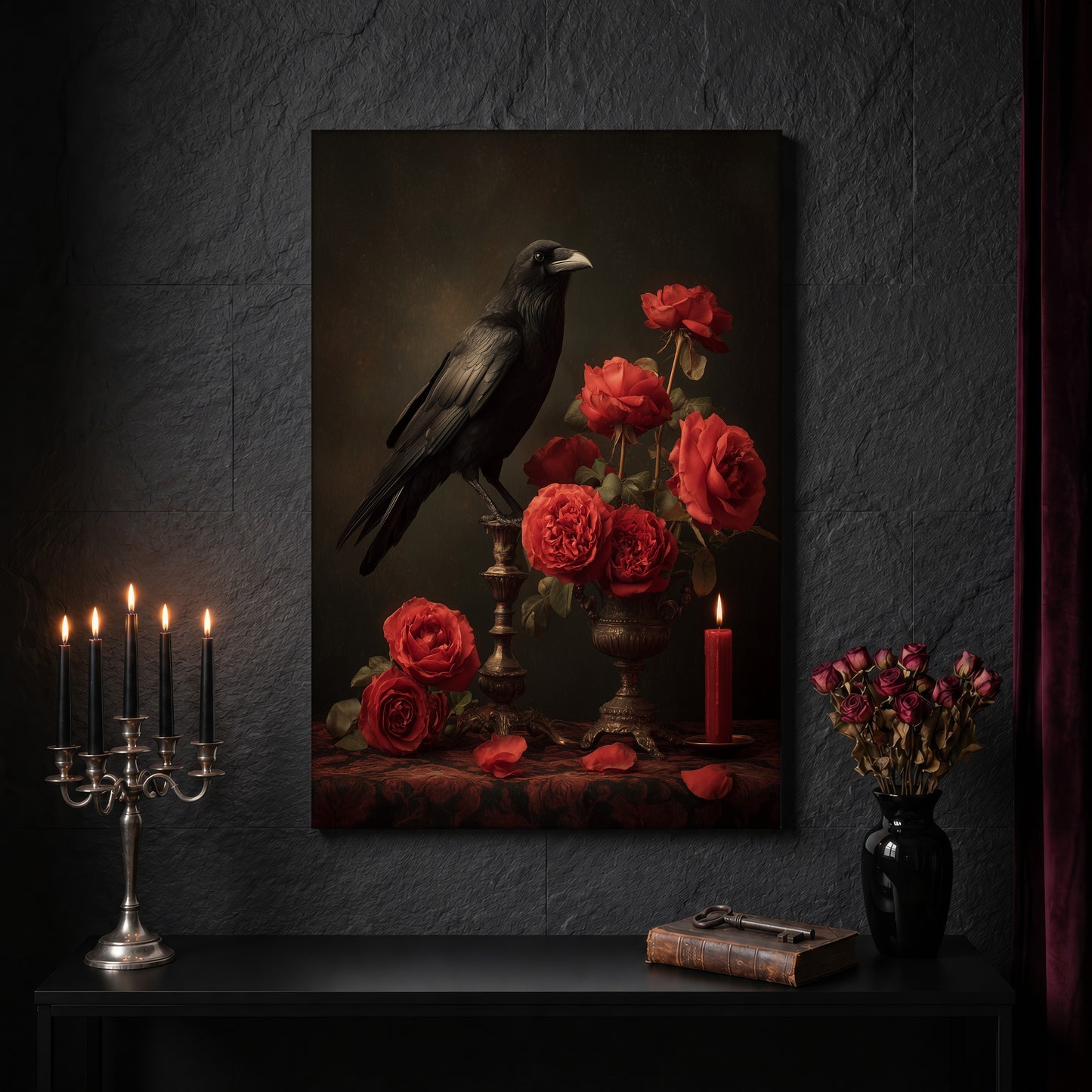 Vermilion raven canvas on a dark slate stone wall above a black console table, with a five-arm silver candelabra of lit black tapers, an antique iron key resting on a worn leather book, and a black vase of dried roses beside a burgundy velvet curtain.