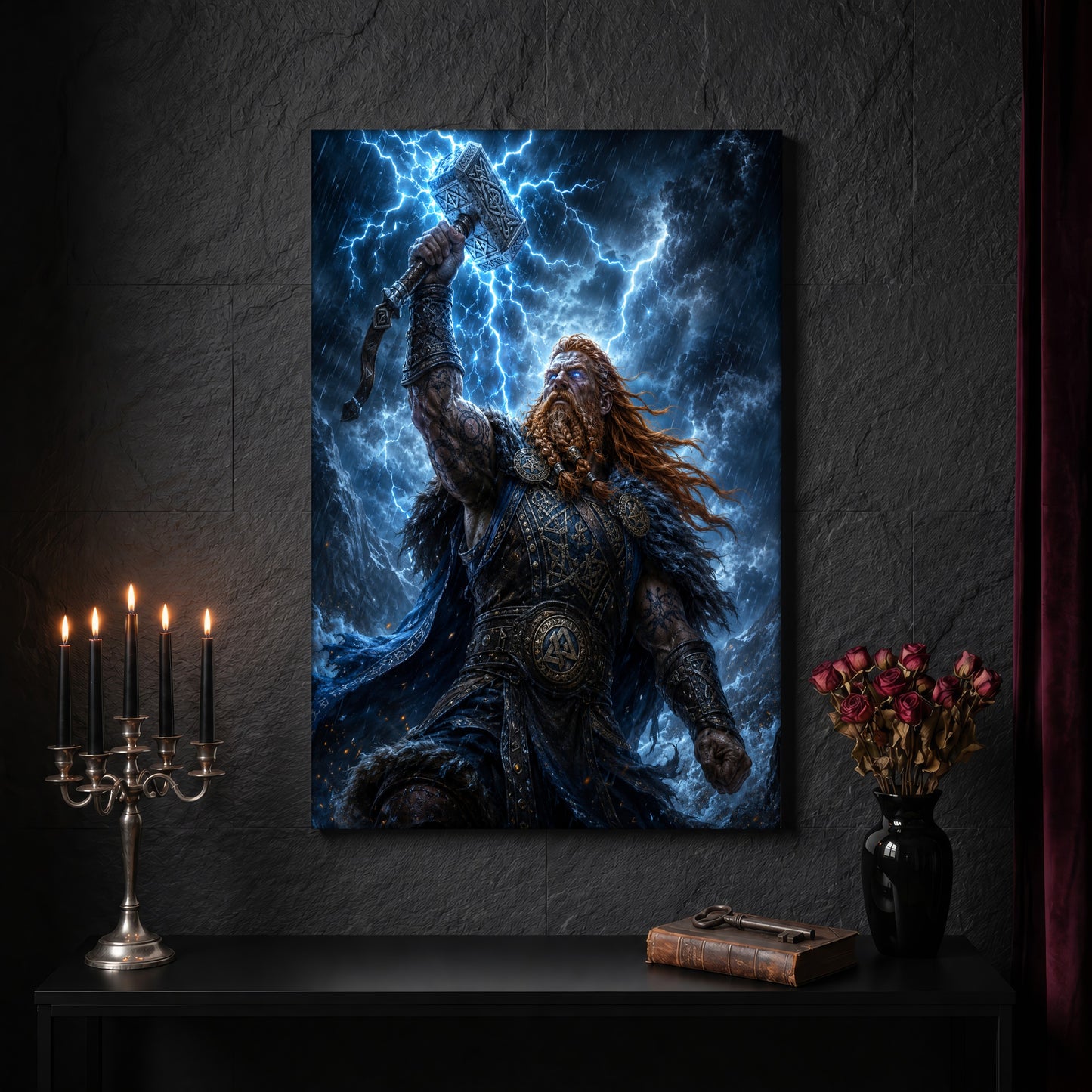 Mjölnir canvas on a dark slate stone wall above a black console table, with a five-arm silver candelabra of lit black tapers, an antique iron key resting on a worn leather book, and a black vase of dried roses beside a burgundy velvet curtain.