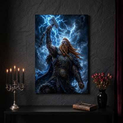 Mjölnir canvas on a dark slate stone wall above a black console table, with a five-arm silver candelabra of lit black tapers, an antique iron key resting on a worn leather book, and a black vase of dried roses beside a burgundy velvet curtain.