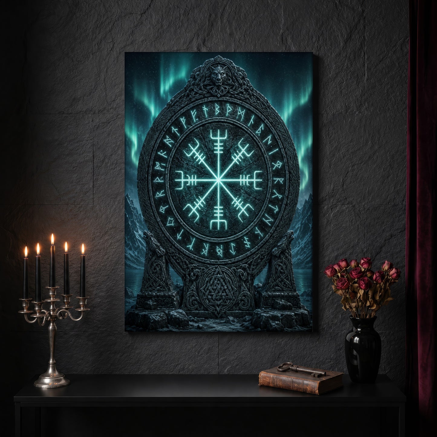 Vegvísir stave canvas on a dark slate stone wall above a black console table, with a five-arm silver candelabra of lit black tapers, an antique iron key resting on a worn leather book, and a black vase of dried roses beside a burgundy velvet curtain.