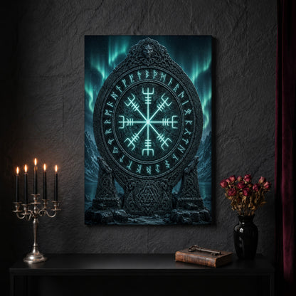 Vegvísir stave canvas on a dark slate stone wall above a black console table, with a five-arm silver candelabra of lit black tapers, an antique iron key resting on a worn leather book, and a black vase of dried roses beside a burgundy velvet curtain.