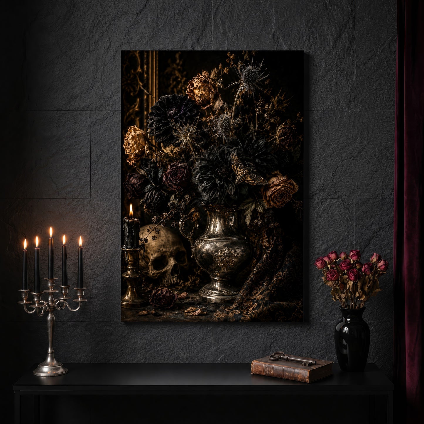 Threnody vanitas canvas on a dark slate stone wall above a black console table, with a five-arm silver candelabra of lit black tapers, an antique iron key resting on a worn leather book, and a black vase of dried roses beside a burgundy velvet curtain.