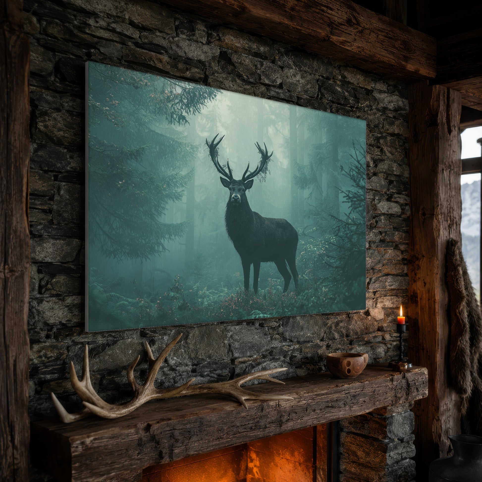 The Green Chapel wide deer canvas hanging on a rough stone chimney breast above a rustic timber mantel, with large shed antlers, a carved wooden bowl and a lit red candle along the beam, firelight glowing from the hearth below and a mountain window to the right.