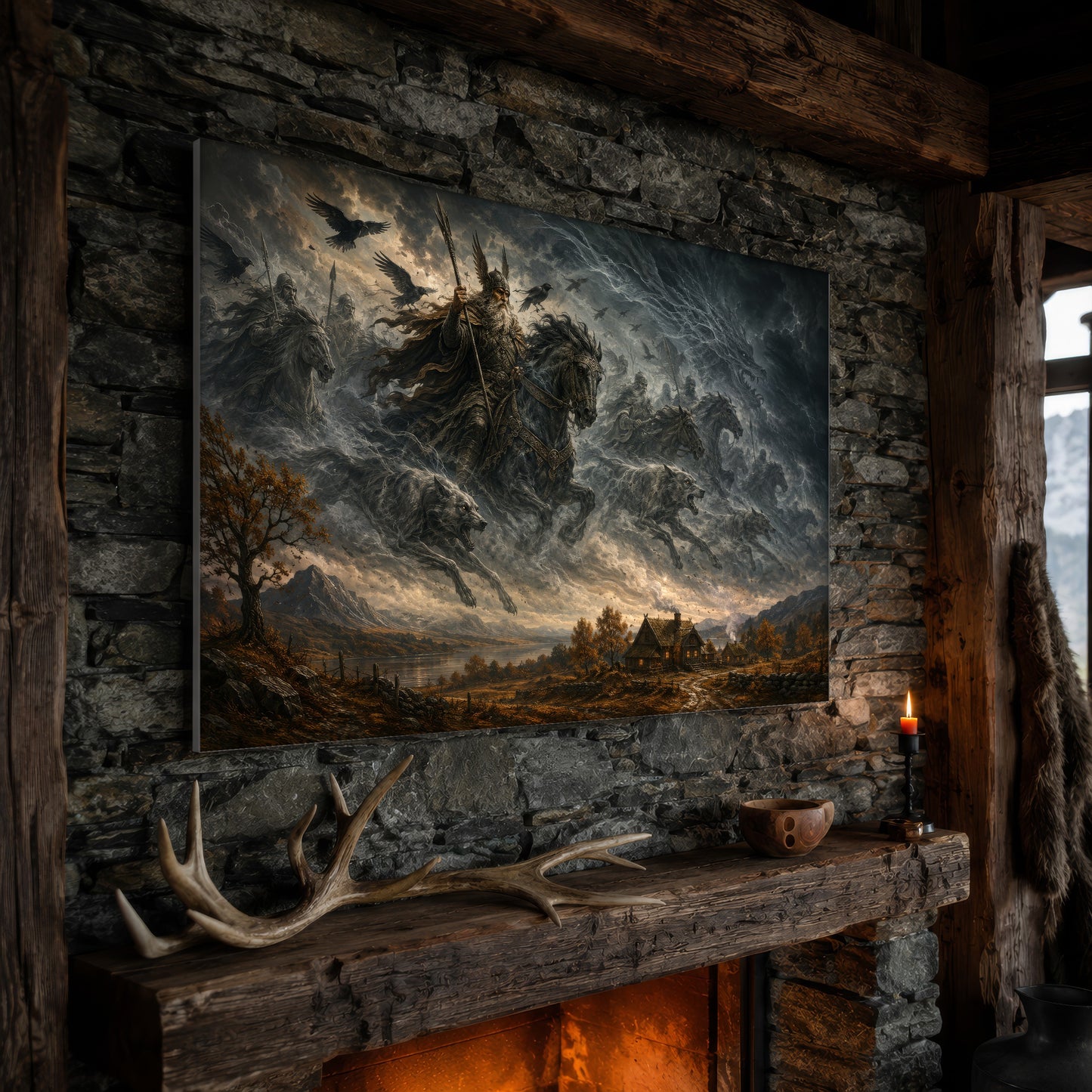 Oskoreia cavalcade canvas hanging on a rough stone chimney breast above a rustic timber mantel, with large shed antlers, a carved wooden bowl and a lit red candle along the beam, firelight glowing from the hearth below and a mountain window to the right.