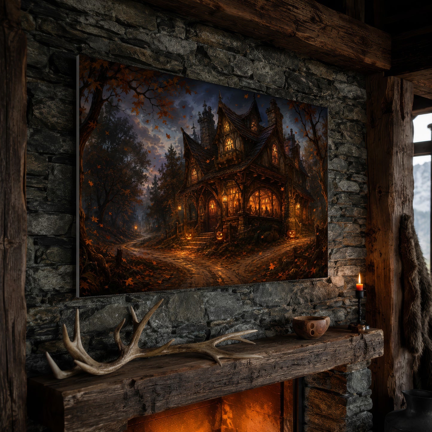 Lantern's End Inn canvas propped at an angle on a rustic stone fireplace mantel framed by timber beams, beside shed antlers, a carved wooden mug and a lit candle, with firelight glowing from the hearth below.