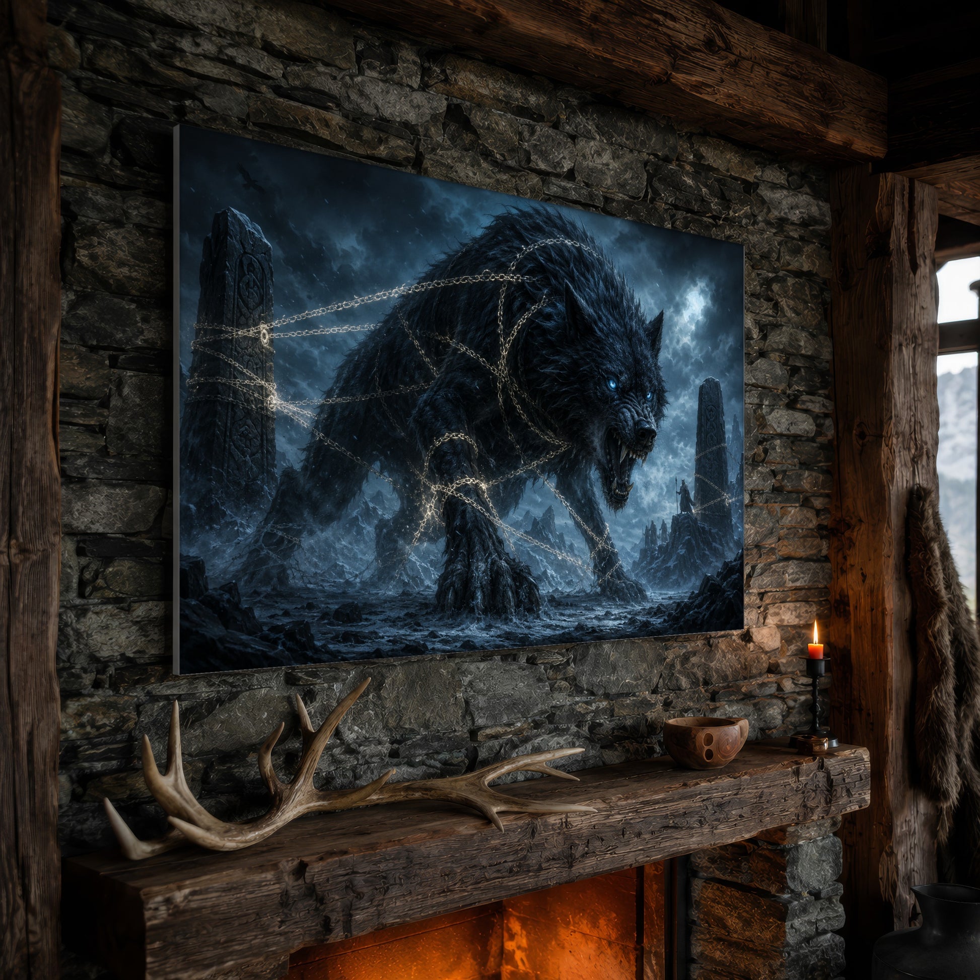 Fenrir wide wolf canvas hanging on a rough stone chimney breast above a rustic timber mantel, with large shed antlers, a carved wooden bowl and a lit red candle along the beam, firelight glowing from the hearth below and a mountain window to the right.