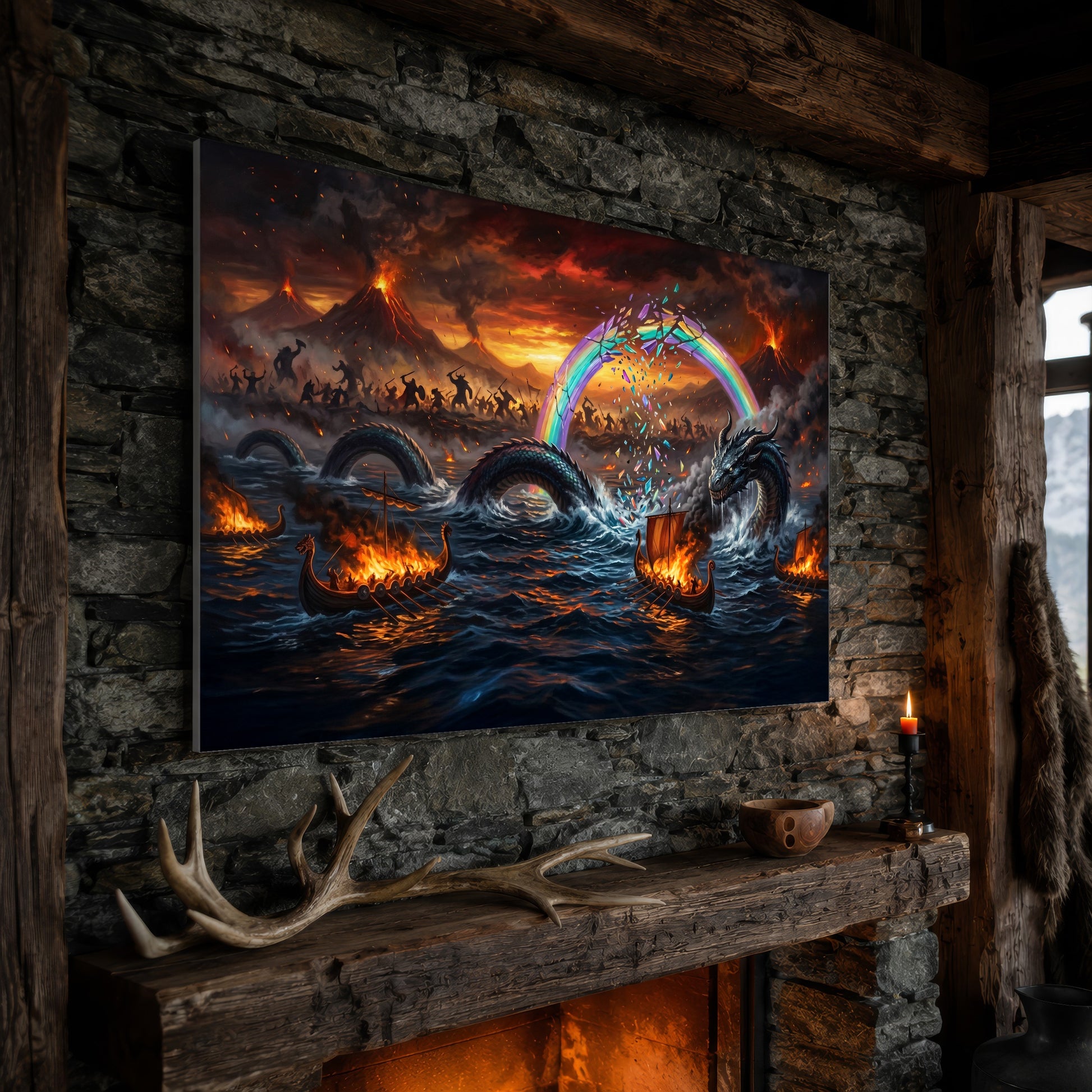 Ragnarök wide canvas hanging on a rough stone chimney breast above a rustic timber mantel, with large shed antlers, a carved wooden bowl and a lit red candle along the beam, firelight glowing from the hearth below and a mountain window to the right.