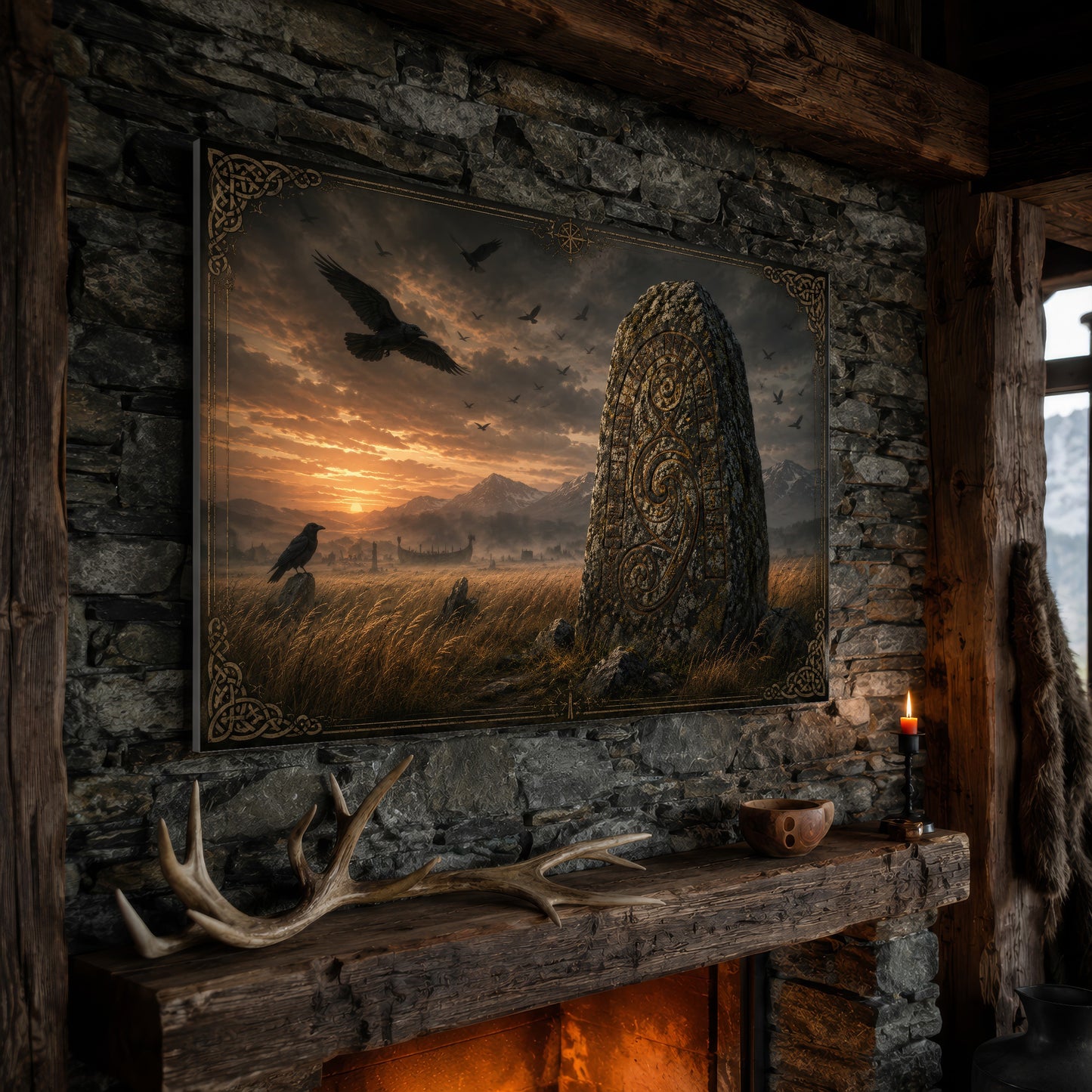 The Harvest Stone wide landscape canvas hanging on a rough stone chimney breast above a rustic timber mantel, with large shed antlers, a carved wooden bowl and a lit red candle along the beam, firelight glowing from the hearth below and a mountain window to the right.