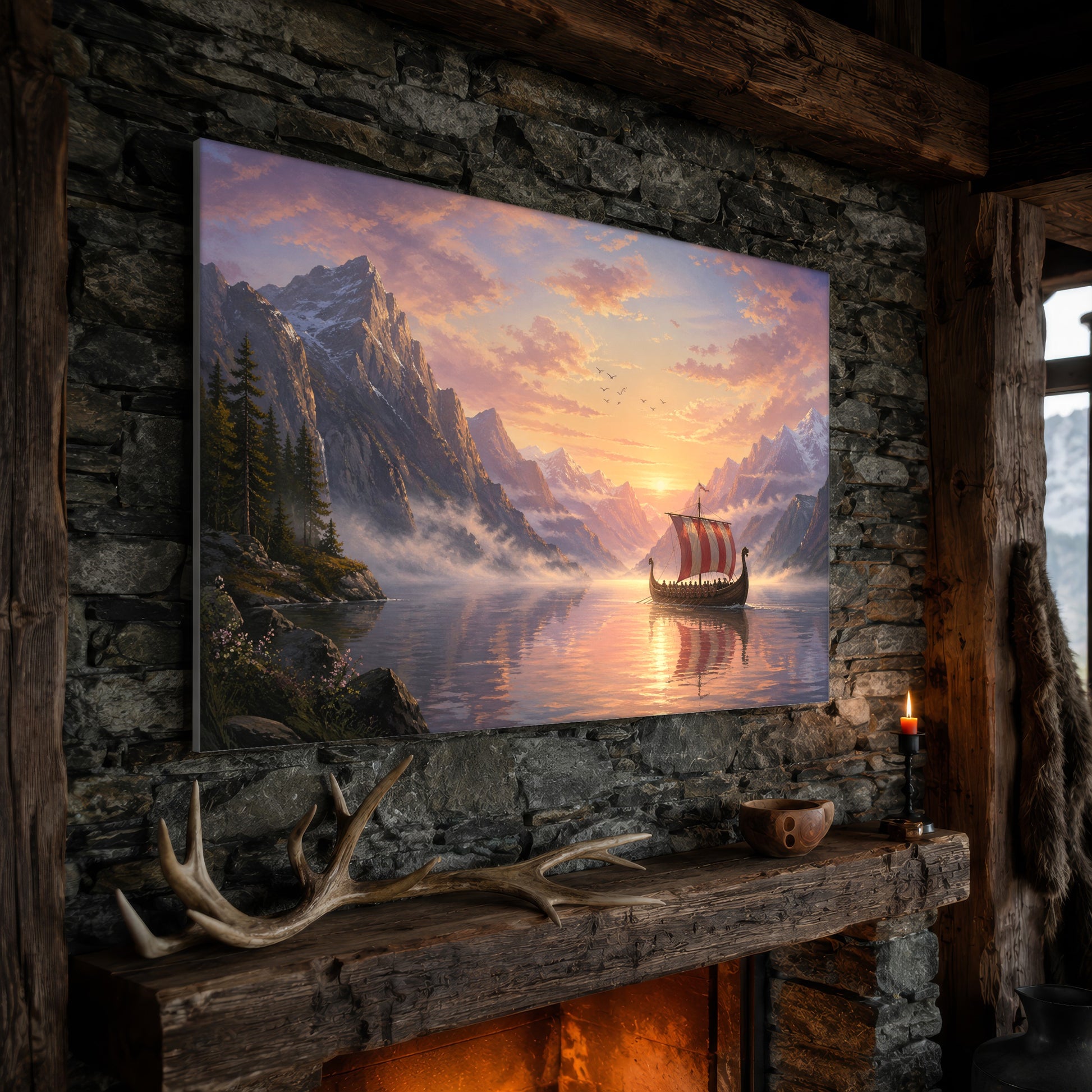 The Longship at Dawn wide landscape canvas hanging on a rough stone chimney breast above a rustic timber mantel, with large shed antlers, a carved wooden bowl and a lit red candle along the beam, firelight glowing from the hearth below and a mountain window to the right.