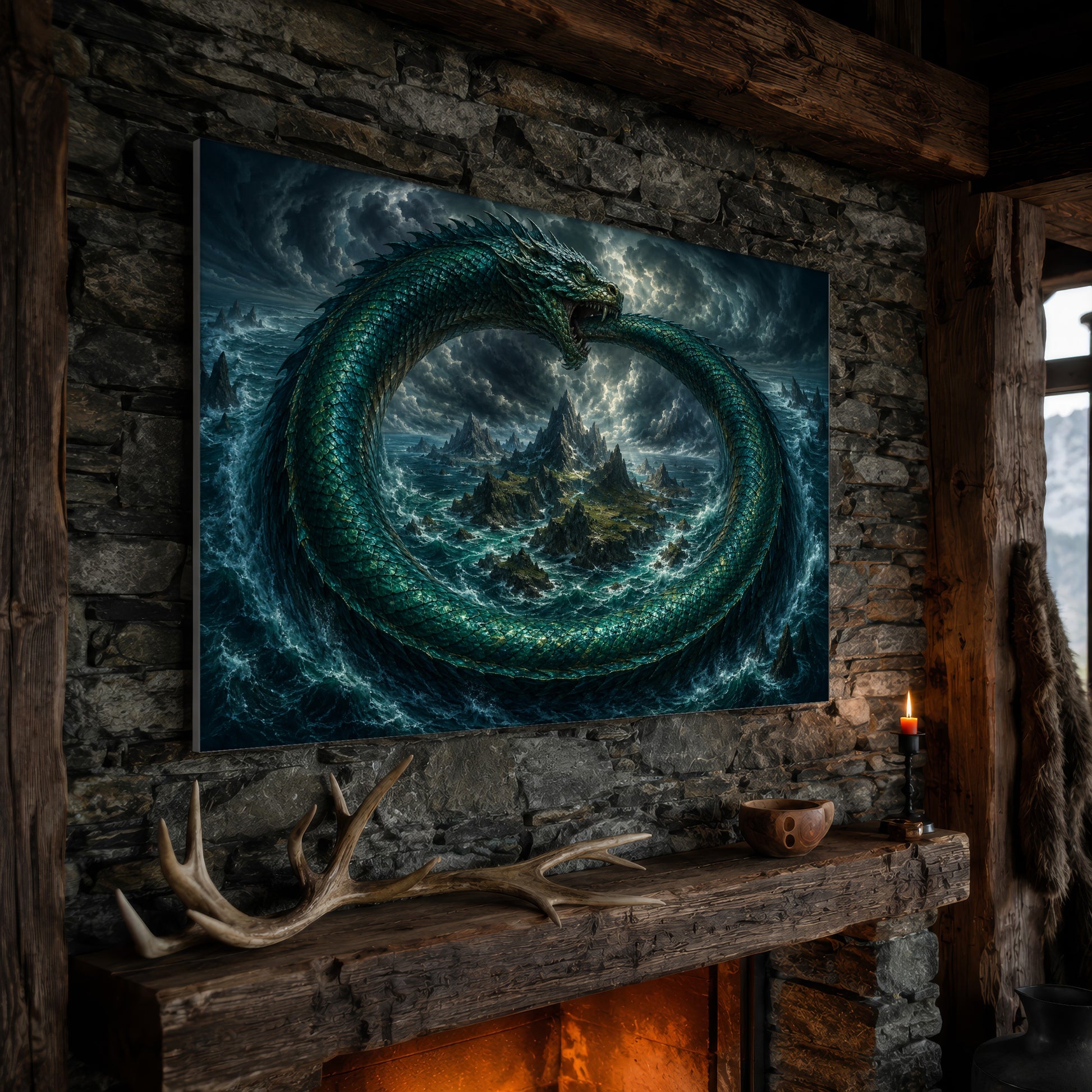 Jörmungandr wide serpent canvas hanging on a rough stone chimney breast above a rustic timber mantel, with large shed antlers, a carved wooden bowl and a lit red candle along the beam, firelight glowing from the hearth below and a mountain window to the right.