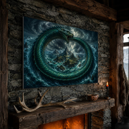 Jörmungandr wide serpent canvas hanging on a rough stone chimney breast above a rustic timber mantel, with large shed antlers, a carved wooden bowl and a lit red candle along the beam, firelight glowing from the hearth below and a mountain window to the right.