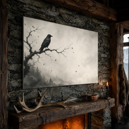 Hollow Morning wide crow canvas hanging on a rough stone chimney breast above a rustic timber mantel, with large shed antlers, a carved wooden bowl and a lit red candle along the beam, firelight glowing from the hearth below and a mountain window to the right.