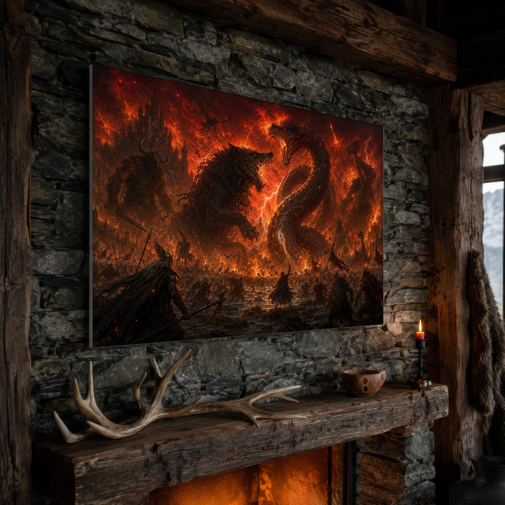 Twilight of the Gods wide canvas hanging on a rough stone chimney breast above a rustic timber mantel, with large shed antlers, a carved wooden bowl and a lit red candle along the beam, firelight glowing from the hearth below and a mountain window to the right.