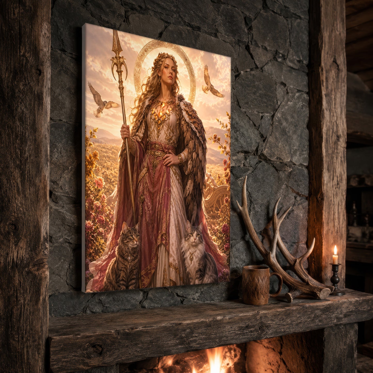 Freya goddess print propped at an angle on a rustic stone fireplace mantel framed by timber beams, beside shed antlers, a carved wooden mug and a lit candle, with firelight glowing from the hearth below.