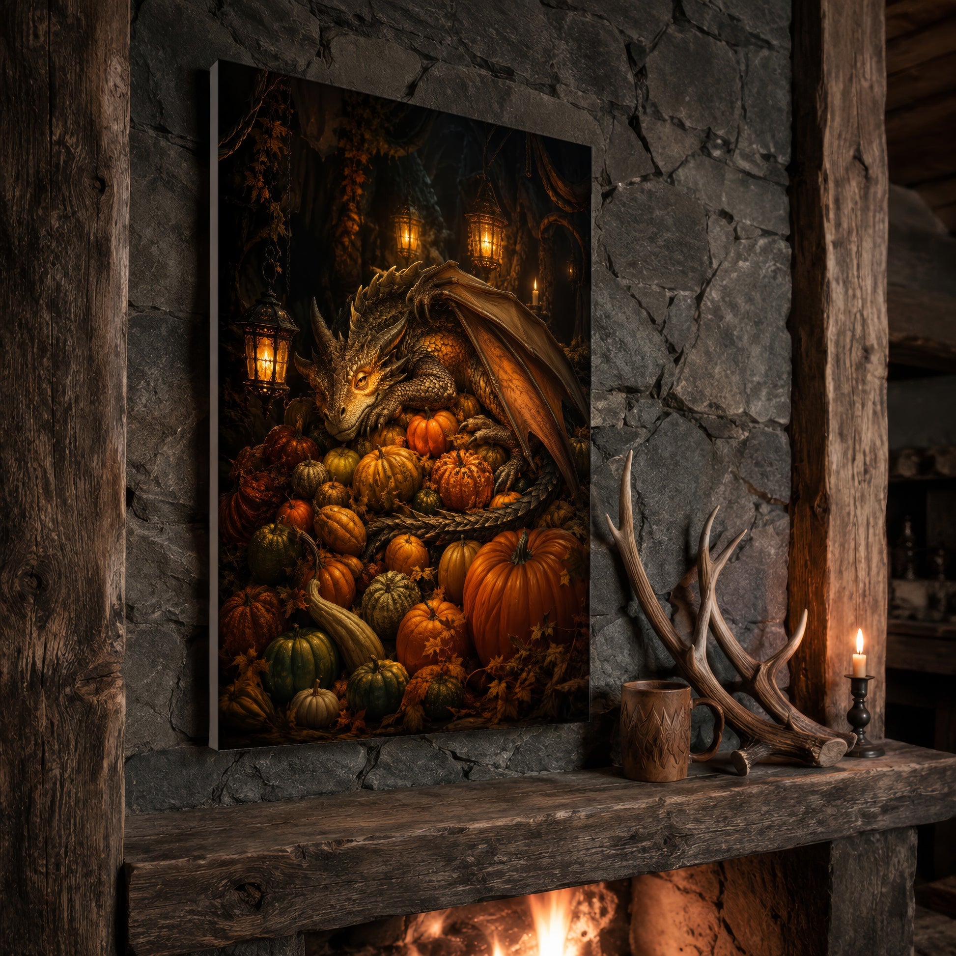 The Pumpkin Den print propped at an angle on a rustic stone fireplace mantel framed by timber beams, beside a pair of shed antlers, a carved wooden mug and a lit candle, with firelight glowing from the hearth below.