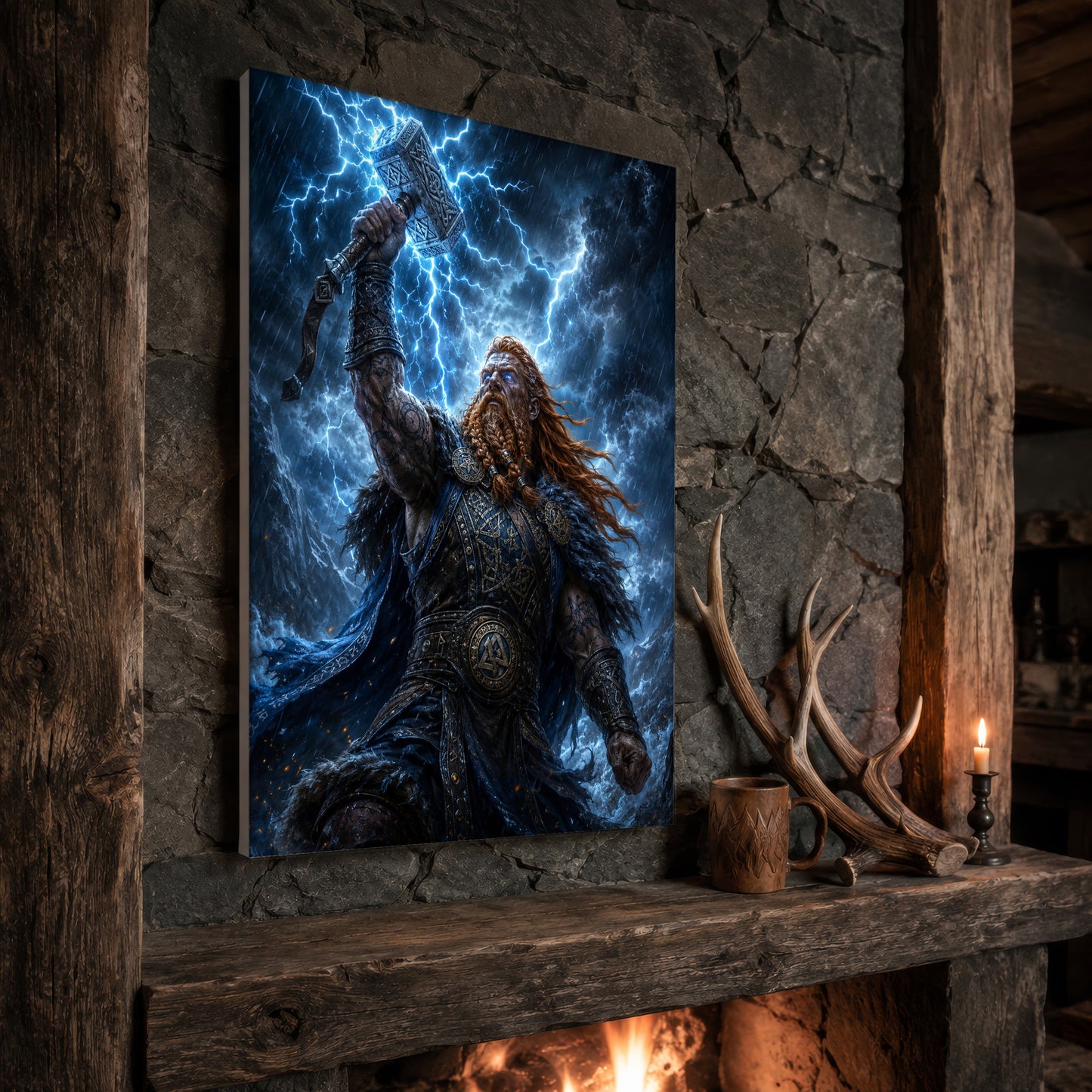 Mjölnir thor print propped at an angle on a rustic stone fireplace mantel framed by timber beams, beside shed antlers, a carved wooden mug and a lit candle, with firelight glowing from the hearth below.