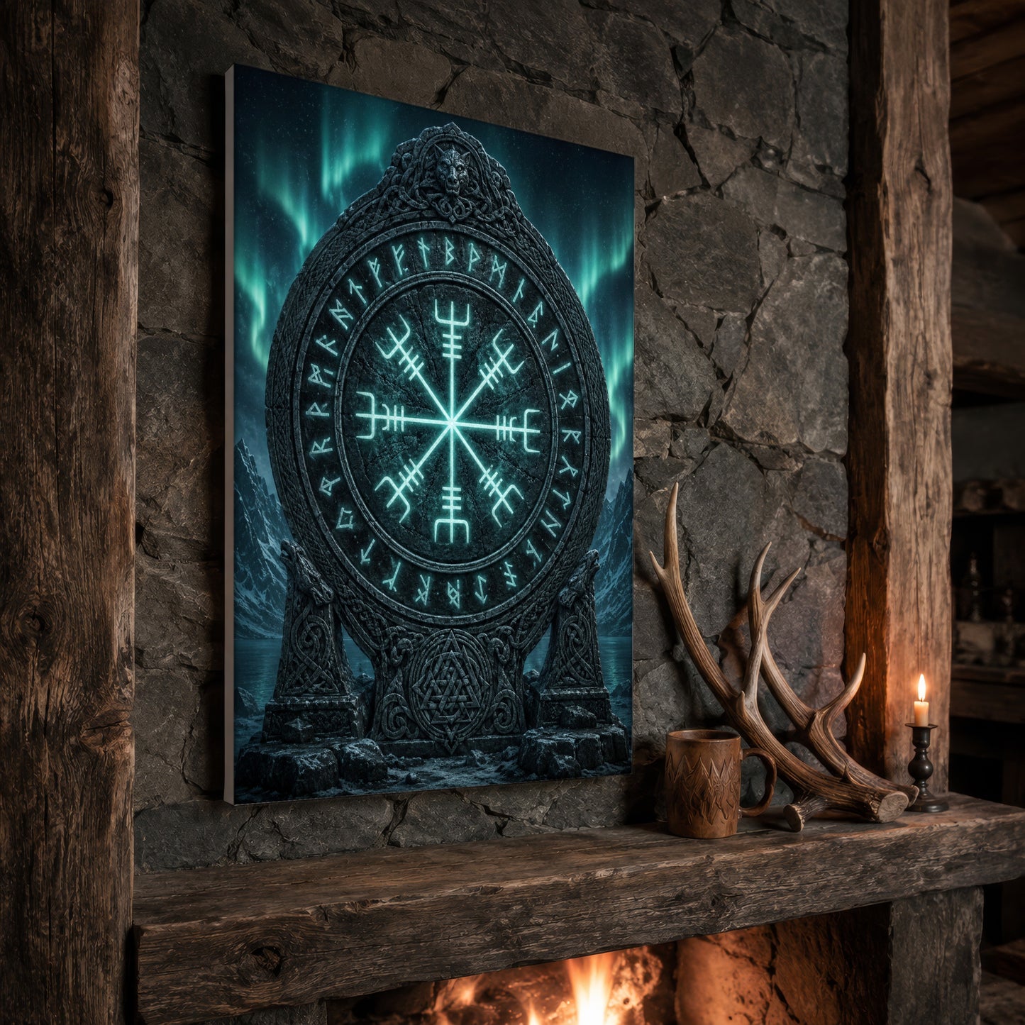 Vegvísir monument print propped at an angle on a rustic stone fireplace mantel framed by timber beams, beside shed antlers, a carved wooden mug and a lit candle, with firelight glowing from the hearth below.