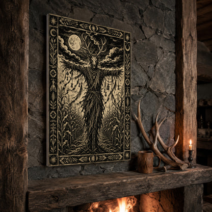 The Corn Sentinel print propped at an angle on a rustic stone fireplace mantel framed by timber beams, beside a pair of shed antlers, a carved wooden mug and a lit candle, with firelight glowing from the hearth below.