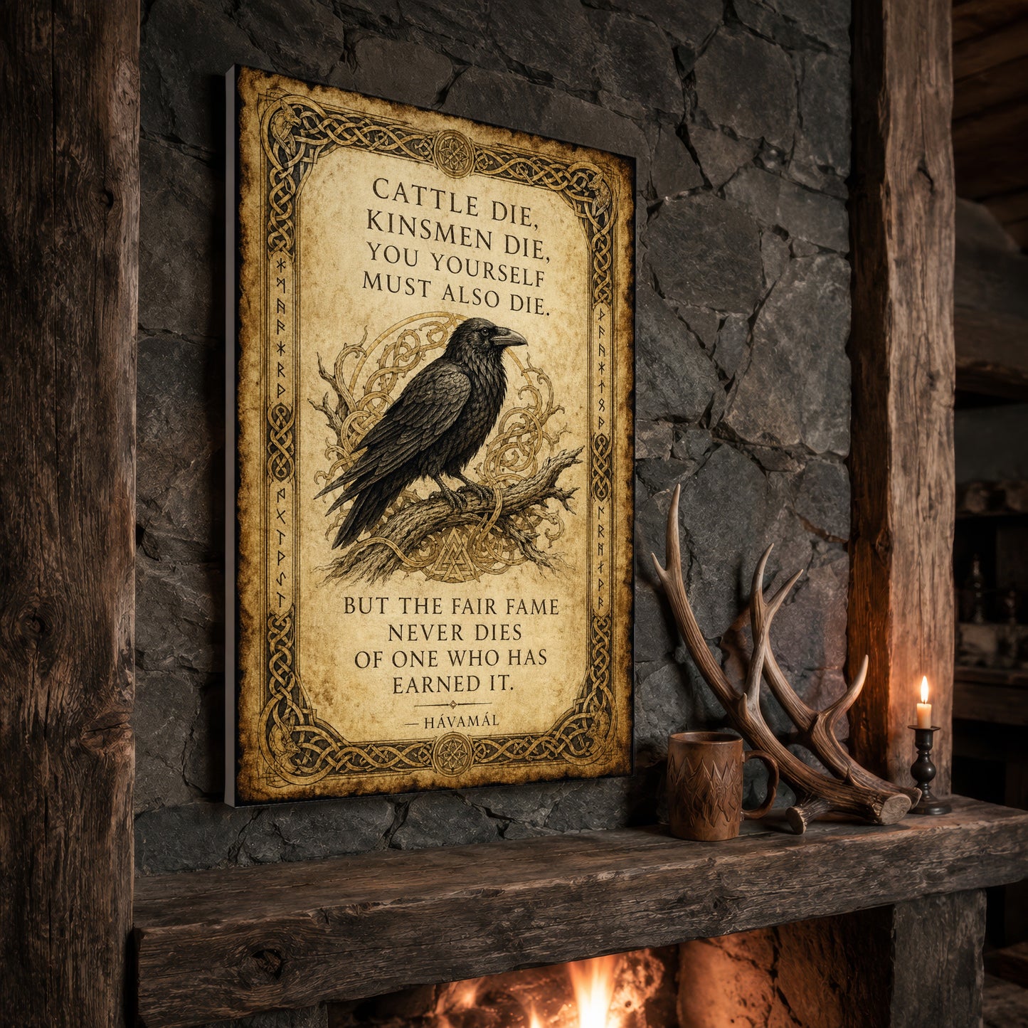Hávamál raven print propped at an angle on a rustic stone fireplace mantel framed by timber beams, beside shed antlers, a carved wooden mug and a lit candle, with firelight glowing from the hearth below.