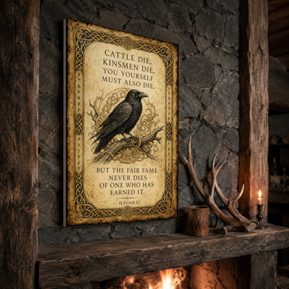 Hávamál raven print propped at an angle on a rustic stone fireplace mantel framed by timber beams, beside shed antlers, a carved wooden mug and a lit candle, with firelight glowing from the hearth below.