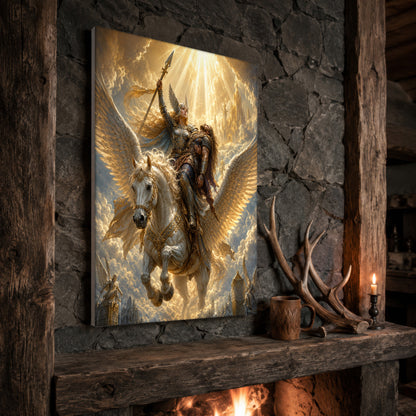 Valkyrie fantasy print propped at an angle on a rustic stone fireplace mantel framed by timber beams, beside shed antlers, a carved wooden mug and a lit candle, with firelight glowing from the hearth below.
